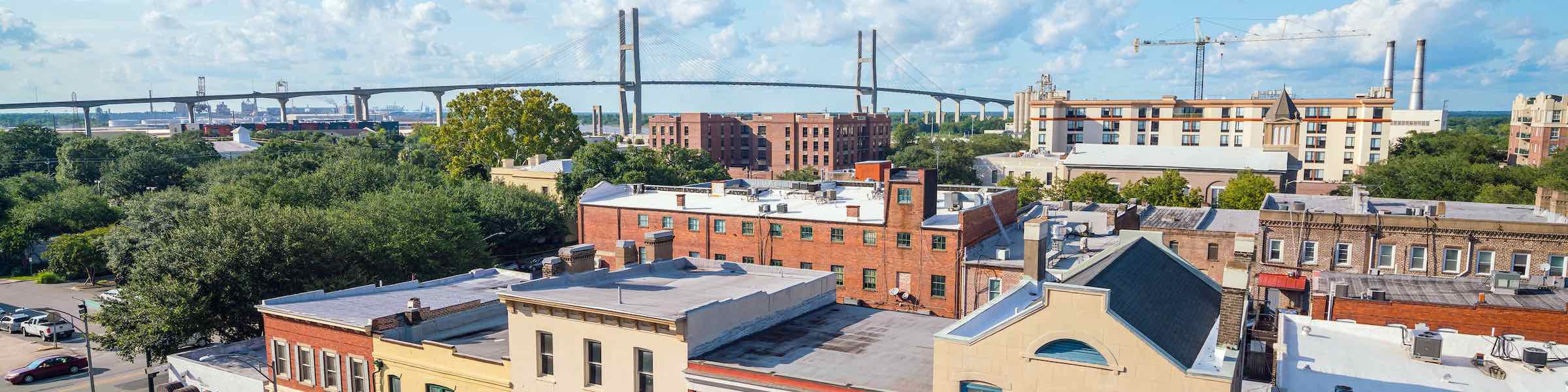 A view from the western edge of Savannah, GA's Historic District, toward the Savannah River Bridge.