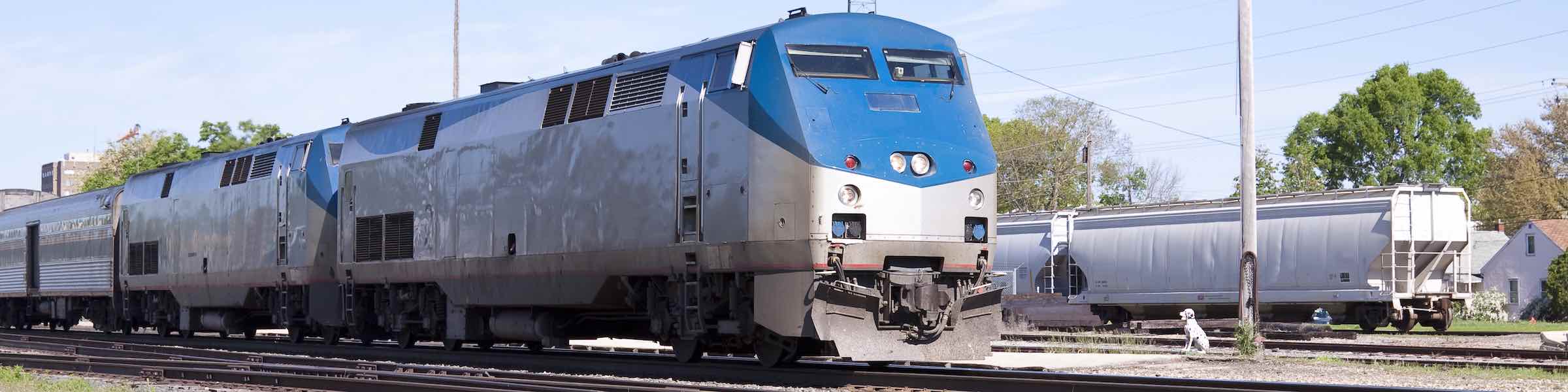 Locomotive and first carriage of a blue and silver Amtrak train in a siding. 