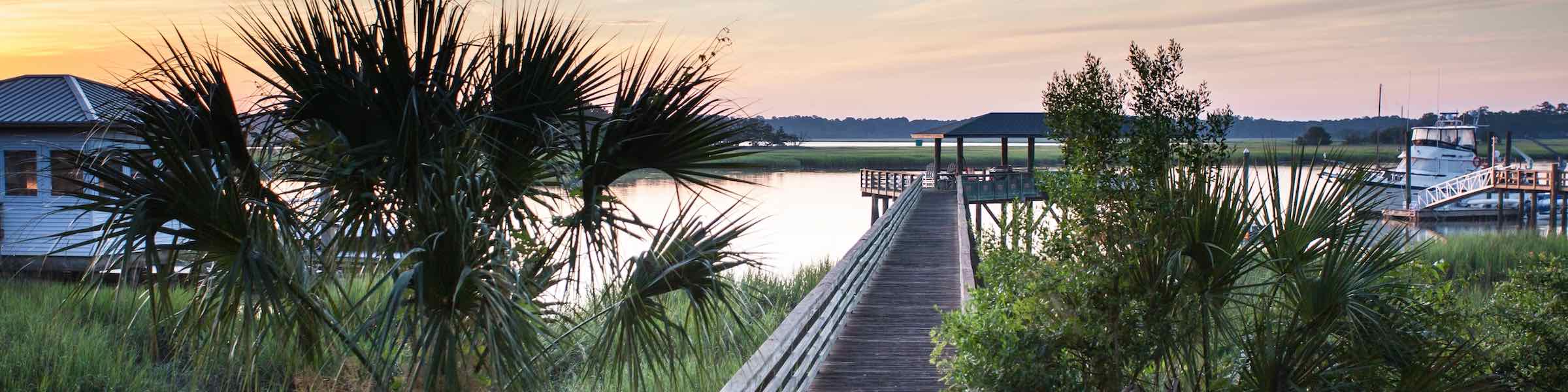 Sunset view of the Skidaway River from Bluff Drive at Isle of Hope, Savannah, GA.