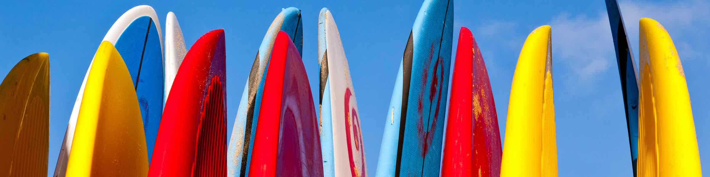 Tops of a row of colorful upright surfboards against a bright ble sky.