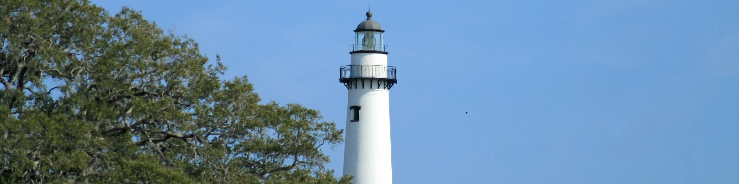 St Simons Island Lighthouse, behind a group of trees.